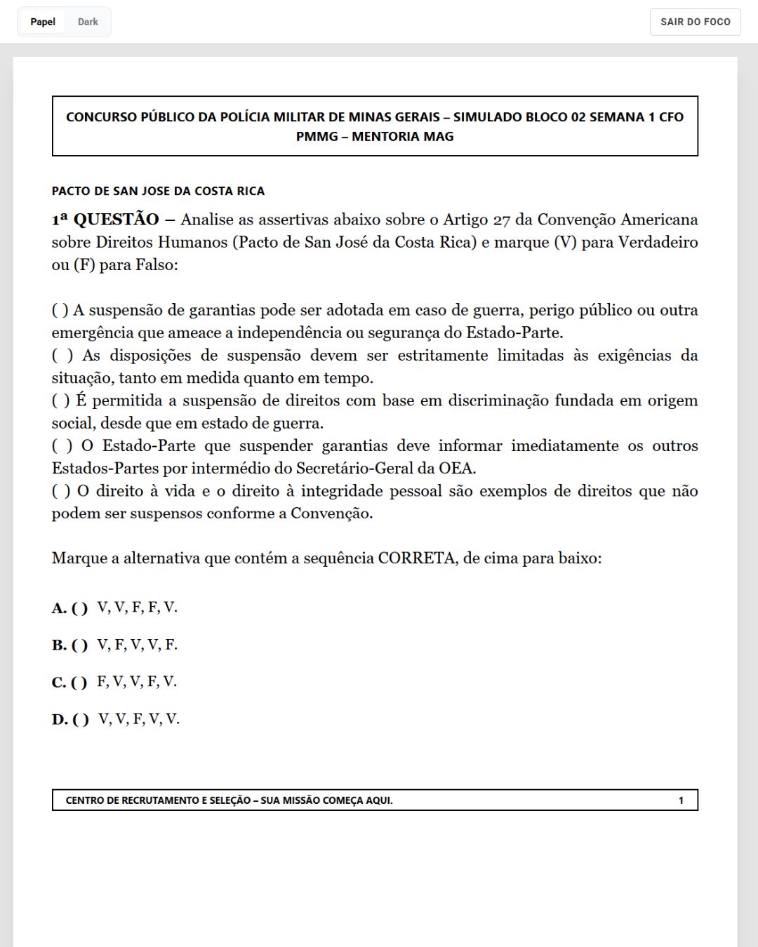 Simulado CFO PMMG — mesmo formato da prova real