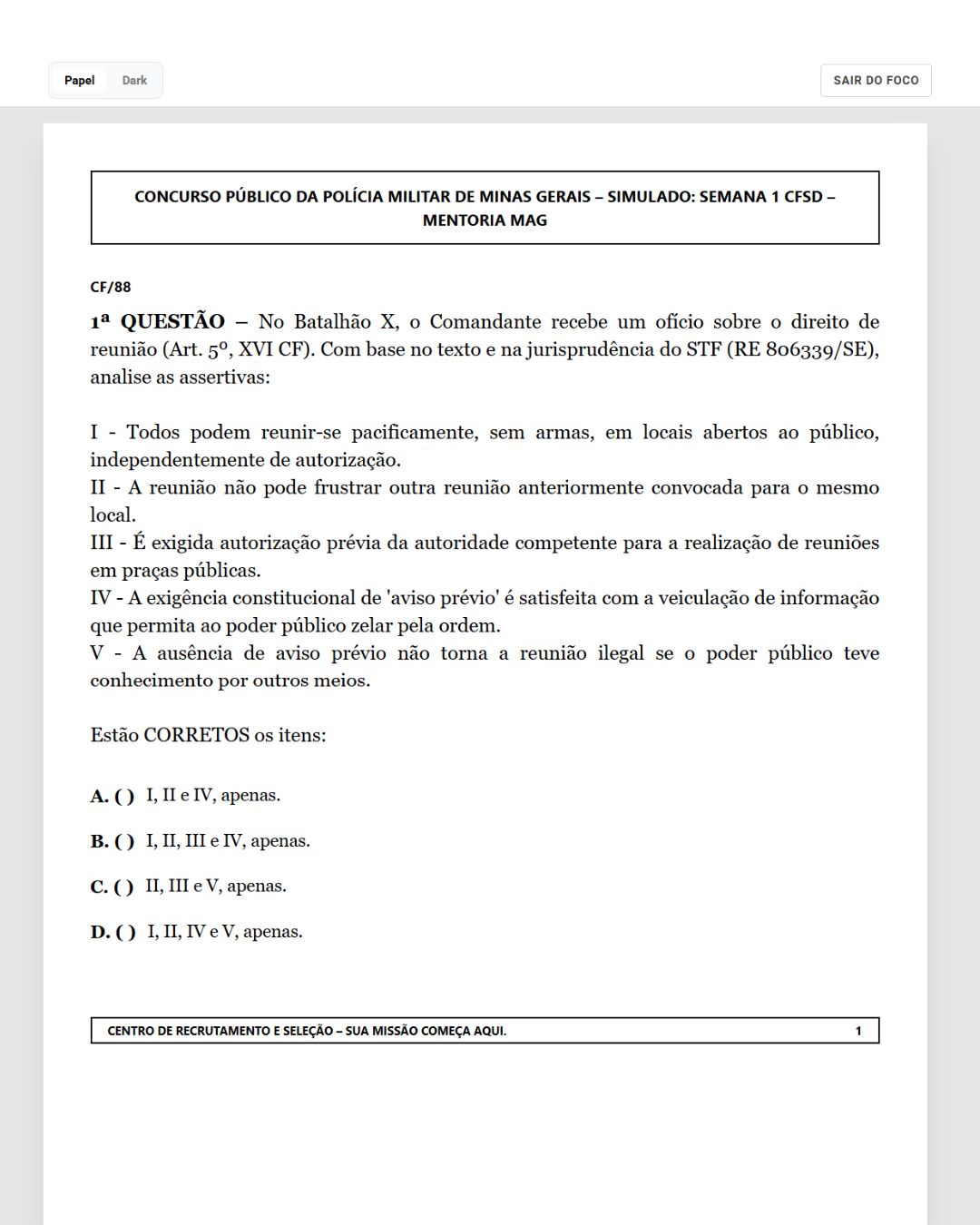 Simulado CFSD PMMG — mesmo formato da prova real